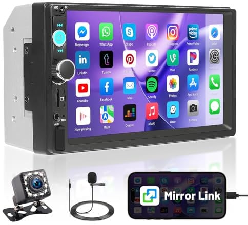 Fuluku 2 DIN Autoradio mit Kabelgebundenem Mirror Link, 7 Zoll Touchscreen Radio mit Bluetooth/FM/EQ/USB/Rückfahrkamera/SWC/MIC