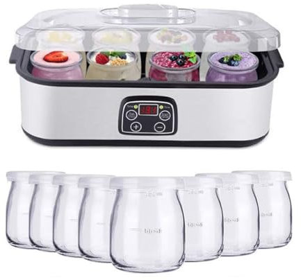 Yaourtière 1400 ml avec 8 bocaux en verre – Température réglable et contrôle du temps – Automatique – Écran LCD – Cadeau de santé parfait pour homme et femme