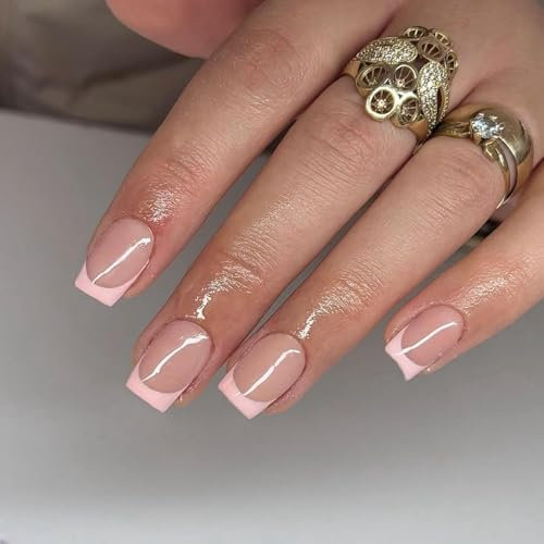 KQueenest 30 Pcs Light Pink Press on Nails French Tip Short Square, French Tip False Nails Short Coffin, Custom Thick Acrylic Fake Nails Set Natural Nude Gel Stick on Nail for Women Daily Wedding Wear