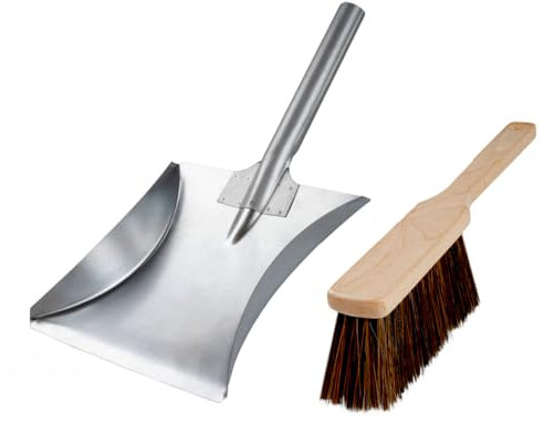 Handfeger und Kehrblech Set – Handbesen mit lackiertem Holzgriff & Schaufel aus verzinktem Stahl mit Stahlstiel – Kehrgarnitur für Haushalt & Werkstatt ( Set Handfeger & Schaufel mit Stahlstiel)
