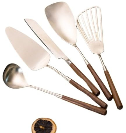 OWOHYG Silverware Flatware Cutlery Set, 5/20/30/40 Pieces 304 Stainless Steel Walnut Spatula Cooking Spatula Kitchen Utensils Cooking Spoon Home Kitchen Spoon Set (Silver 4Set 20Pcs)