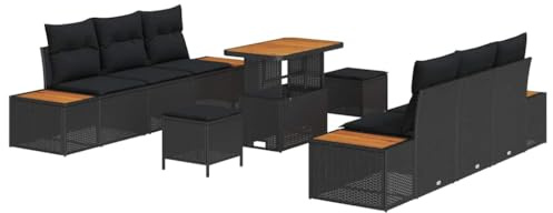 vidaXL Garten-Sofa-Set mit Kissen 9 pcs Schwarz Poly Rattan, Garten- und Terrassenmöbel, modulares Design, robuster Sitzgruppe, verstellbare Füße, bequem für Outdoor-Partys
