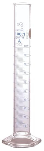 Camlab Graduated 3,3 Borosilicate Glass Measuring Cylinder, With Hexagonal Base, Class A Certified, Chemically Resistant and Heat Resistant, 100ml Glass Beaker, Pack of 1