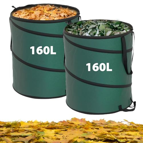 2x160L Groß Gartenabfallsack Pop Up mit Griffe Gartensack Stabil Laubsack Selbststehend Grünabfallsäcke Grünschnittsäcke für Gartenabfälle Grünschnitt Laubabfall, Wasserdicht & Wiederverwendbare