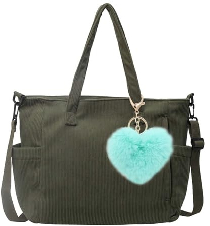 dogmoon Corduroy Tote Bag for Women, Waterproof Cord Tote Bag with Heart keychain, Large Shoulder Bag with Zipper and Pockets, Big Capacity Shopping Bag for Work Travel College Daily Use