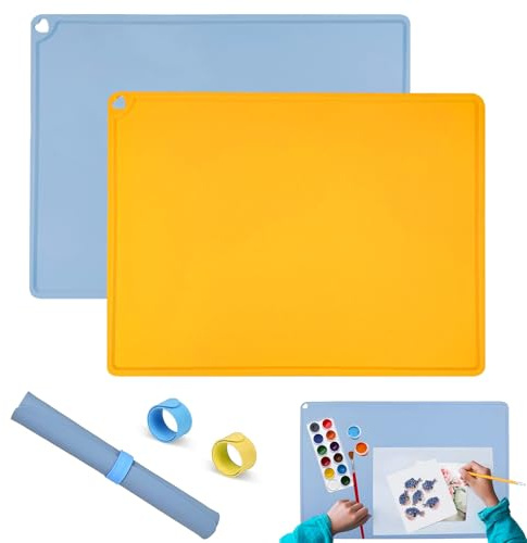 Lot de 2 sous-mains de peinture en silicone pour enfants - 60 x 40 cm - Avec 2 clips d'absorption magnétiques - Grand tapis en silicone antiadhésif et lavable - Sous-main réutilisable pour bricolage