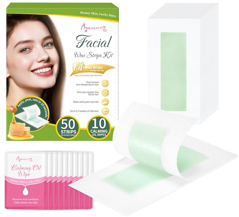 Beauty7 Kaltwachsstreifen Geeignet für Alle Haut Anwendung für Gesicht Augenbrauen Wachsstreifen 50stk mit 10stk Reinigungstüchern nach dem Wachsen schnelle Haarentfernung im Gesicht
