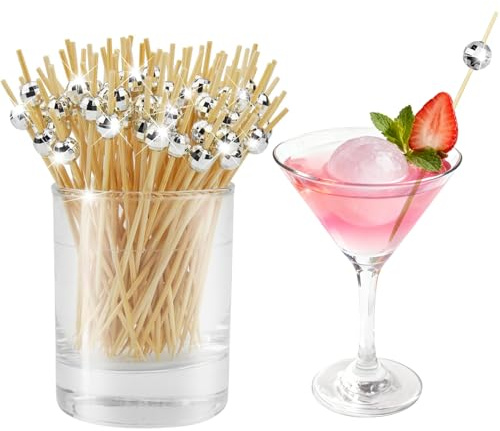 100 Pieces Disco Ball Cocktail Sticks, Cocktail Skewers, Bastoncini da Cocktail, Stuzzicadenti per Spiedini di Frutta, Bamboo Cocktail Picks Disco Ball per Torte, Dolci, Bevande, Antipasti (Argento)