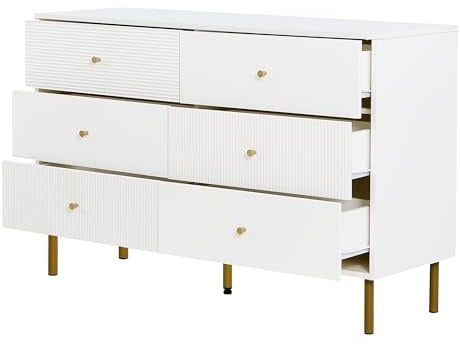 Azkoeesy Sideboard Kommode mit 6 Schubladen, weiß mit goldenem Griff und braunen Metallbeinen, Texturdesign, für Wohnzimmer oder Esszimmer (120 x 40 x 78 cm)