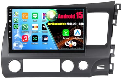 Android 15 Radio para Honda Civic 2004-2011 RHD con Carplay Android Auto, Pantalla Táctil de 9 Pulgadas con GPS WiFi Bluetooth FM RDS(8Core(8+256GB))