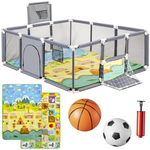 Altaudia Baby Laufstall + Spielmatte + Fußball & Basketball - Faltbares Spielgehege 180 x 120 x 65cm - Baby Spielpark mit Atmungsaktivem Netz - Farbe Grau