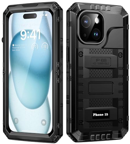 Lanhiem für iPhone 15 Hülle, IP68 Wasserdicht, Armor Metallhülle, Schwarz | Outdoor Robust Case, Panzerhülle mit Displayschutz, 360 Grad Militär Stoßfest Handyhülle für iPhone 15 Schutzhülle
