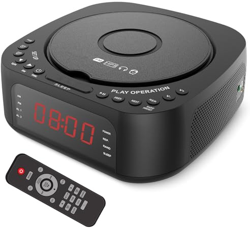 LICAEVEY CD Player Alarm Clock with Bluetooth and Remote Control, Dimmable Display Desktop Radio with USB Charging and Dual Alarms for Bedroom (GB Plug)
