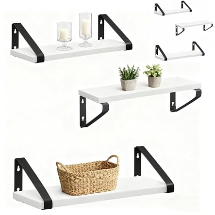 Relaxdays Wandregal, 6er Set, 3 Größen: 30, 35, 40 cm Breite, Holzoptik & Metall, Wandbretter für Bücher & Deko, weiß