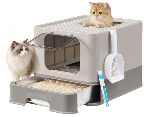 Feandrea Stainless Steel Cat Litter Box, Litter Tray with Pull-Out Drawer, Scoop, Brush, 2 Entrances, for Cats up to 15 kg, Light Grey and Dark Grey PPT004G101