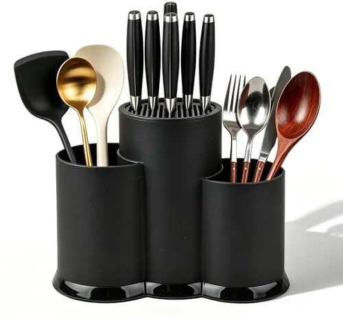 3-in-1 Knife Holder with Slots, Universal Utensil Holder Round Plastic Kitchen Knife Holders Stand Accessories for Organising Fork Chopsticks Knives Spoon