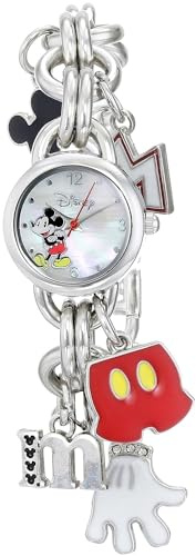 Disney Mickey Mouse Kids Charm Bracelet Watch with Printed Mickey Dial and Playful Character Charms – Silver Finish Chain Links – Fits Wrists from 5.5 to 8, Round, Quartz Movement