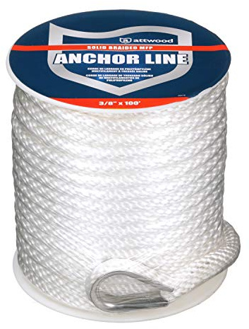 attwood 11724-1 Solid Braid Multifile Polypropylen Ankerleine mit Fingerhut, 3/8 Zoll x 30 m, weiß