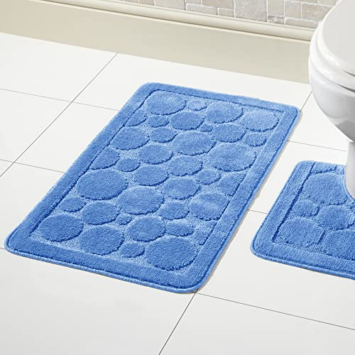 Olivia Rocco Cali Bubbles 2 Piece Bath Mat & Pedestal Set Non Slip Soft Absorbent Toilet Bathroom Mats Sets (Blue)