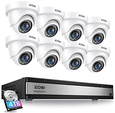 ZOSI H.265+ 16CH 1080P Security Camera System Indoor Outdoor with 4TB Hard Drive Pre-Installed 2MP Recorder 8Pcs HD 1920TVL White Surveillance Dome Cameras Night Vision Easy Remote Access Motion Alert