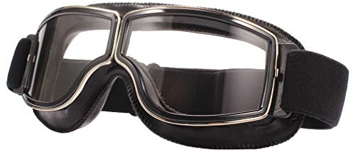Ashilun Retro Pilot Motorradbrille beschlagfrei Warm Reitbrille ATV Bike Motocross Brille Schutzbrille (Schwarzer Rahmen + Transparente Linse)