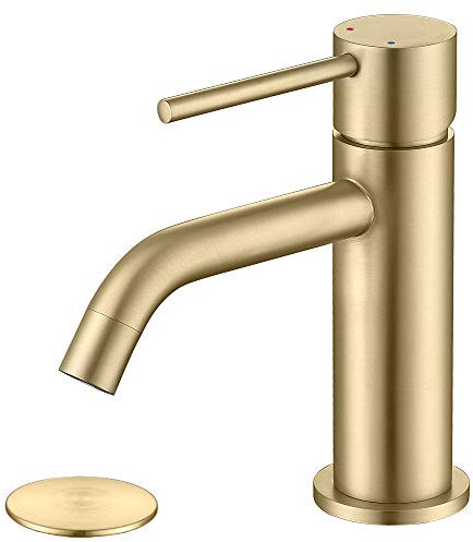 JXMMP Mitigeur Robinetterie Robinet de Salle de Bain Doré Brossé, Robinet de Lavabo à Trou Unique avec Bonde Pop-up et Lignes d'Alimentation