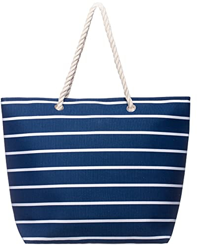 Brandsseller Strandtasche mit Reißverschluss 50x38x15cm Schultertasche Einkaufstasche Innentasche - Navy/Weiß