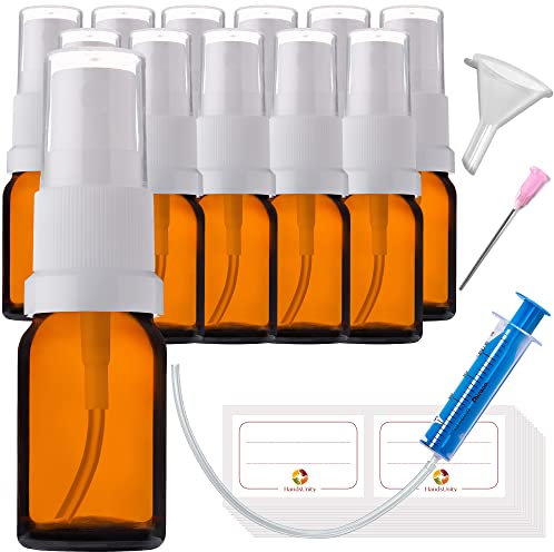 HandsUnity 5 ml-12 piezas de frasco pulverizador de vidrio - Frascos de vidrio ámbar de farmacia con botella de spray de vidrio atomizador blanco de vidrio marrón que incluye 29 accesorios