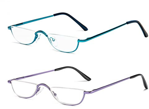 KoKoBin Half Frame Reading Glasses Spring Hinges for Men Women Slim Half Moon Lens Readers Metal Semi Rimless eyewear (Blue+Purple,2.5)