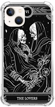 Qivtpjkrin The Lovers Tarot Card Skull Black Case Compatible with iPhone 14, Trippy Psychedelic Aesthetic Tarot Card Cool Skeleton Case for iPhone 14, Unique Trendy Design TPU Bumper Cover Case