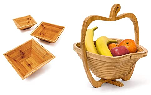 Relaxdays Bambus Schalen im 3er Set als schicke Dekoschale und Obstschale quadratische Schälchen & Faltkorb Apfel 30 x 27 x 22,5 cm Klappkorb aus Bambus Obstkorb, natürlich braun