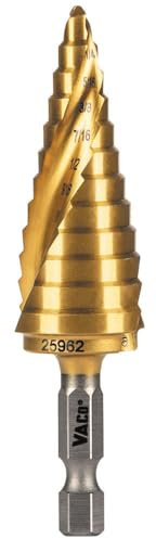Klein Tools 25962 Step Drill Bit, 3/16 to 7/8-Inch, Spiral Double-Fluted, Cuts Thin Metal, Plastic, Aluminum, Wood, 1/4-Inch Hex Shank, VACO