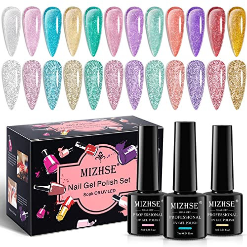 MIZHSE Reflective Jelly Gel Nail Polish 12pcs Sheer Glitter Transparent Gel Nail Spring Summer Style Disco Diamond for Women Home Nail Art Salon