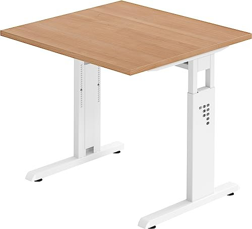 bümö höhenverstellbarer Schreibtisch O-Serie 80x80 cm in Nussbaum, Gestell in weiß - PC Tisch klein für's Büro manuell höhenverstellbar, Computertisch verstellbar