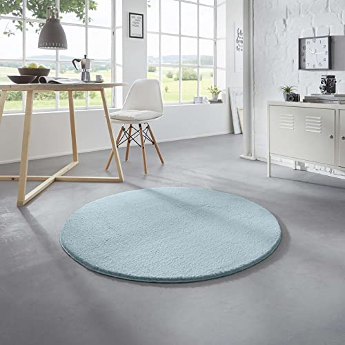 Taracarpet Waschbarer Flauschiger Uni Kurzflor Teppich, Anti-Rutsch, Felloptik, Super Soft Hellblau 120 cm rund