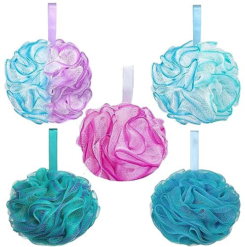 YUEMING 5er Pack Badeschwamm, Duschschwamm, Luffa-Bälle 75 g/Stück Extra Großes Netz-Pouf, Soft Körper Mesh-Luffa-Bälle für Körperpeeling oder Massage