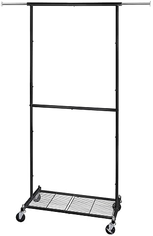 T-LOVENDO.ES Perchero Burro Metálico con Ruedas y Barra Extensible | Burro de Ropa Ajustable con Estante Inferior para Zapatos | Colgador Portátil para Dormitorio, Lavandería, Vestidor u Oficina