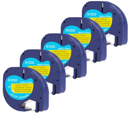 Doree 5pack Black on yellow 12mm x 4m 91222 91202 S0721620 Dymo Compatible Label Tape for Dymo LT-100T、Dymo LT-100H Plus、Dymo LT 200B、Dymo LT 2000、Dymo LT QX50