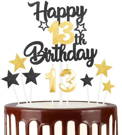 Black Gold 13th Happy Birthday Candles Cake Toppers Set, Number 13 Candle for Cake, Gold Candles for Women Men Birthday Decorations, Star Cake Toppers for Girls Boys Birthday Party Wedding Anniversary