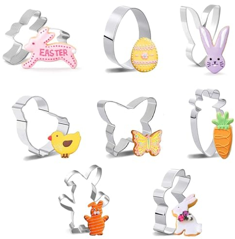Easter Cookie Cutter Set, 8Pcs Stainless Steel Easter Cookie Cutters - Rabbit, Carrot, Butterfly, Egg, Chick