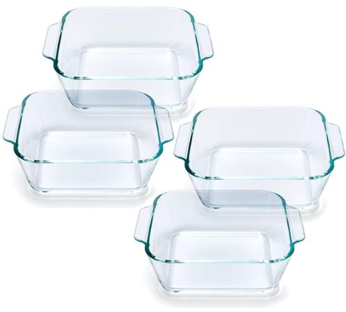 Yomvzake Small Casserole Dishes 4 Pack, 5 Inch Glass Square Baking Dish Individual Portion Baking Pan for Oven Microwave Air Fryer Square Egg, Clear Prep Bowls with Handle