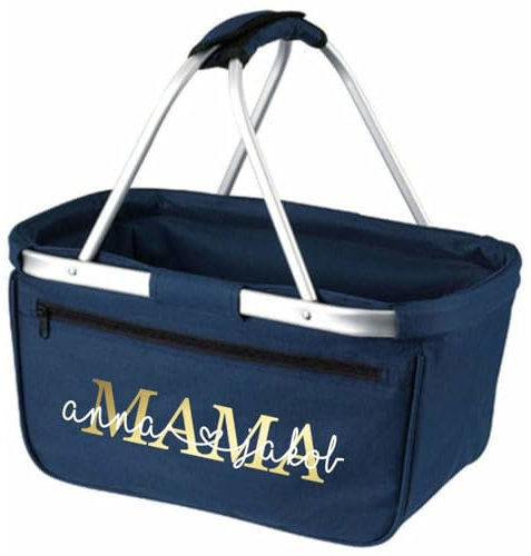 AWASG Einkaufskorb Mama Mom - Personalisiert mit Name - Einkaufstasche faltbar Tragekorb mit Aufdruck - 45 x 25 x 25 cm (navy)