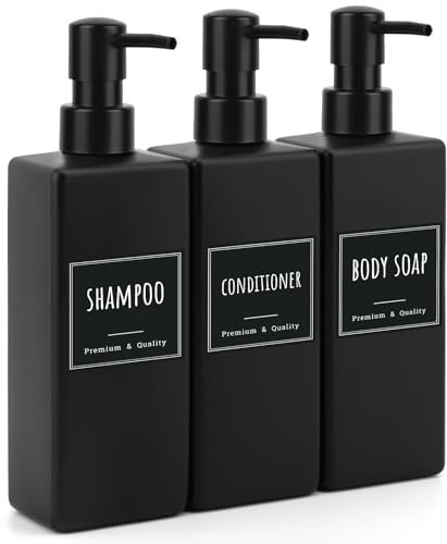 Segbeauty Seifenspender Schwarz Matt, 3 Stück 500ml Seifenspender Bad, Shampoo Flaschen zum Befüllen, Duschgel Spender mit Wasserdichtes Etiketten, Seifenspender Kunststoff für Küche