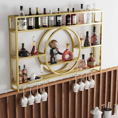 Weinregal Wand Metall Flaschenregal Schmal Wine Rack Bar Regal Wand mit Weinglashalter Getränkeregal mit LED-Licht Weinständer Esszimmermöbel für Bartheke Wohnzimmer Küche Home Bar(Gold,120cm/47.24in)