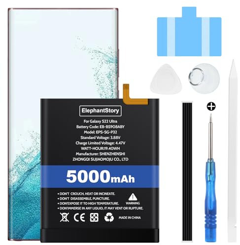 ElephantStory Batteria per Samsung Galaxy S22 Ultra SM-S908B/ S908B/DS, 5000 mAh Batteria di Ricambio EB-BS908ABY Batteria Sostitutiva ai Polimeri di Litio con Strumenti di Riparazione e Guida