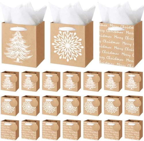 Aliceset Mini-Geschenktüten aus Kraftpapier mit Griffen, 3 verschiedene Kraftpapier-Geschenktüten mit Seidenpapier, 11,4 x 10,2 x 7,9 cm, braun-weiße Schneeflocken-Geschenktüte mit Etikett, für