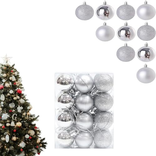 24 Stück Weihnachtskugeln Silber,Weihnachtsdeko,Christbaumschmuck Set,Plastik Weihnachtskugeln Kunststoff,Christmas Weihnachtsbaumkugeln,Christbaumkugeln Kunststoff Weihnachtskugeln aus Kunststoff