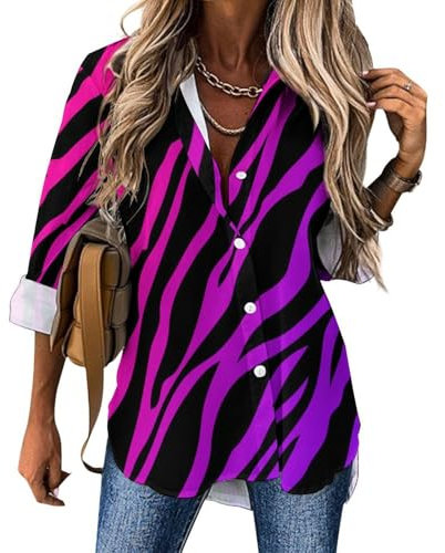 JiuPopular Chemisier à manches longues pour femme, motif zèbre, tigre, léopard, rayures zébrées roses, chemise boutonnée pour le travail et les fêtes, Zebra Tiger Leopard Pink Zebra Stripes, 3XL