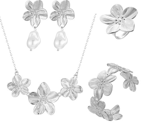 TOFBS Schmuckset für Damen Zarte Blume Metall Blatt Halskette Verstellbares Armband Tropfen Ohrringe und Ring Set Hypoallergene Modeschmuck Geschenke(Silber)