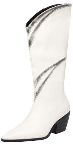Lizoleor Tacco A Blocco Donna Stivali Alti Appuntito Senza Chiusura Moda High Tacco Chunky Slouch Cowboy Stivali Equitazione Bianco Numero 35 Eu